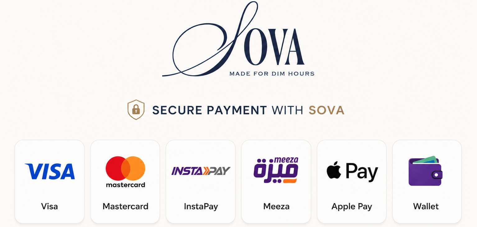 Promotional graphic for SOVA payment, featuring the SOVA logo at the top, the text 'Secure Payment with SOVA' with a lock icon, and a row of payment app logos including Visa, Mastercard, InstaPay, Meeza, Apple Pay, and Wallet on a light cream background.