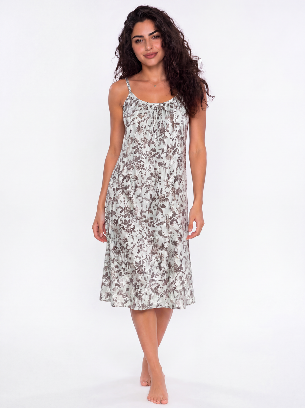 Cotton Strap Nightgown - Mint Green/ Brown