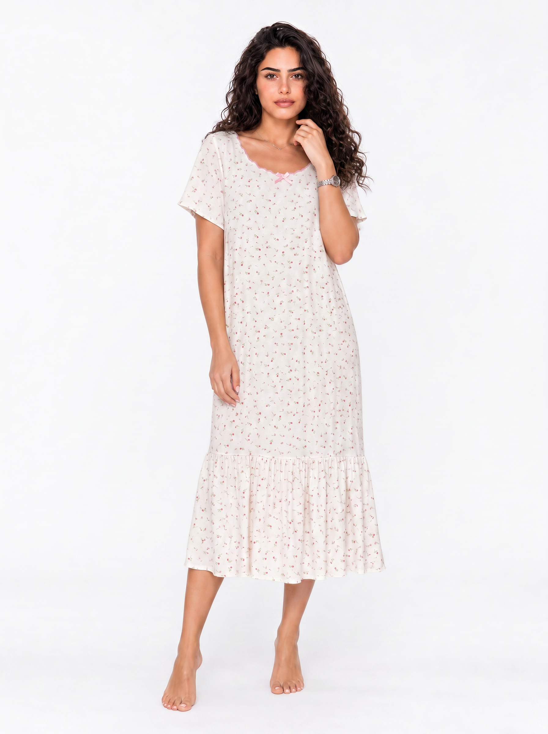 Cotton Nightgown  - White/Pink Main image