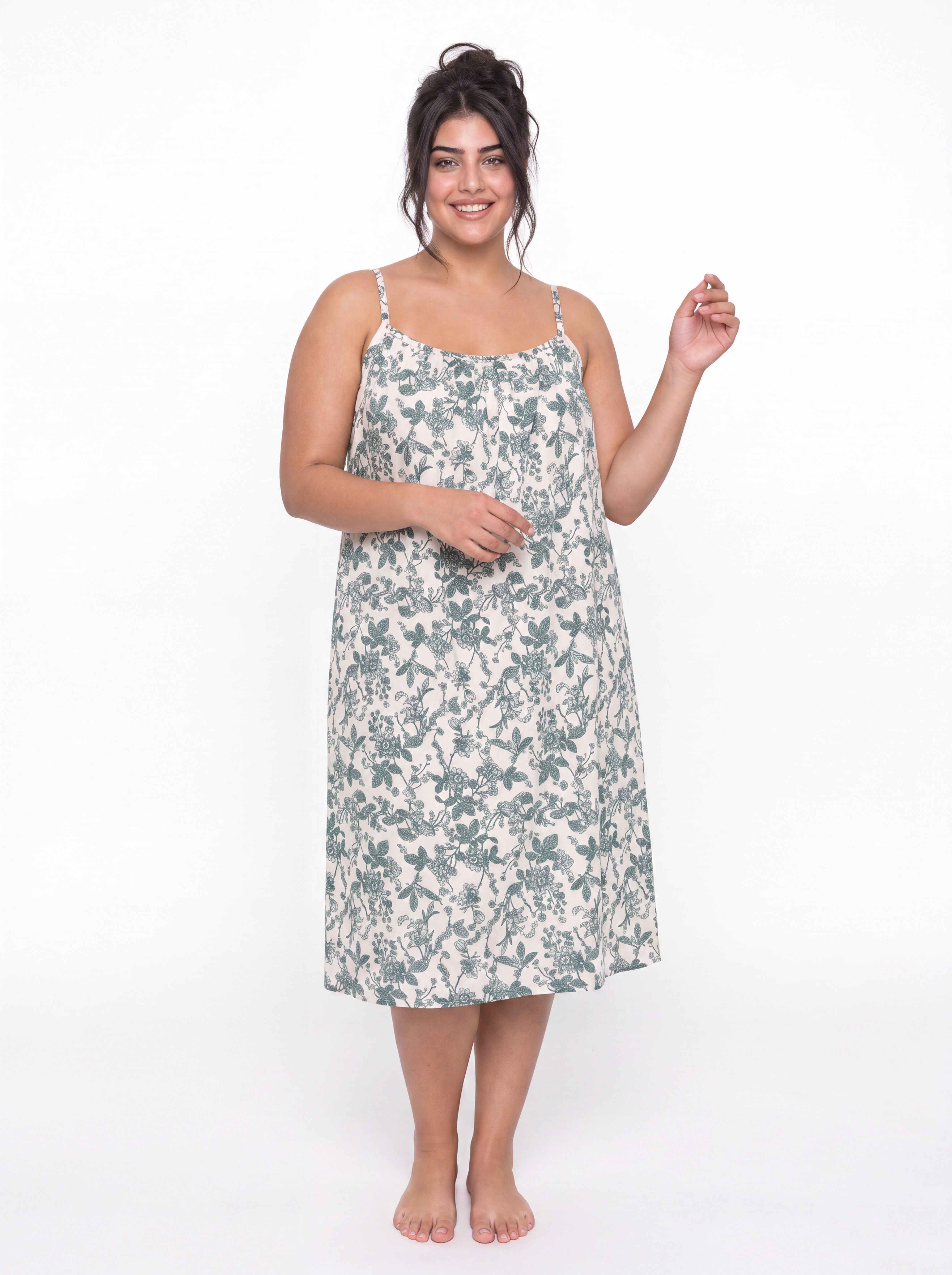 Cotton Strap Nightgown - Green/ Beige Secondary image