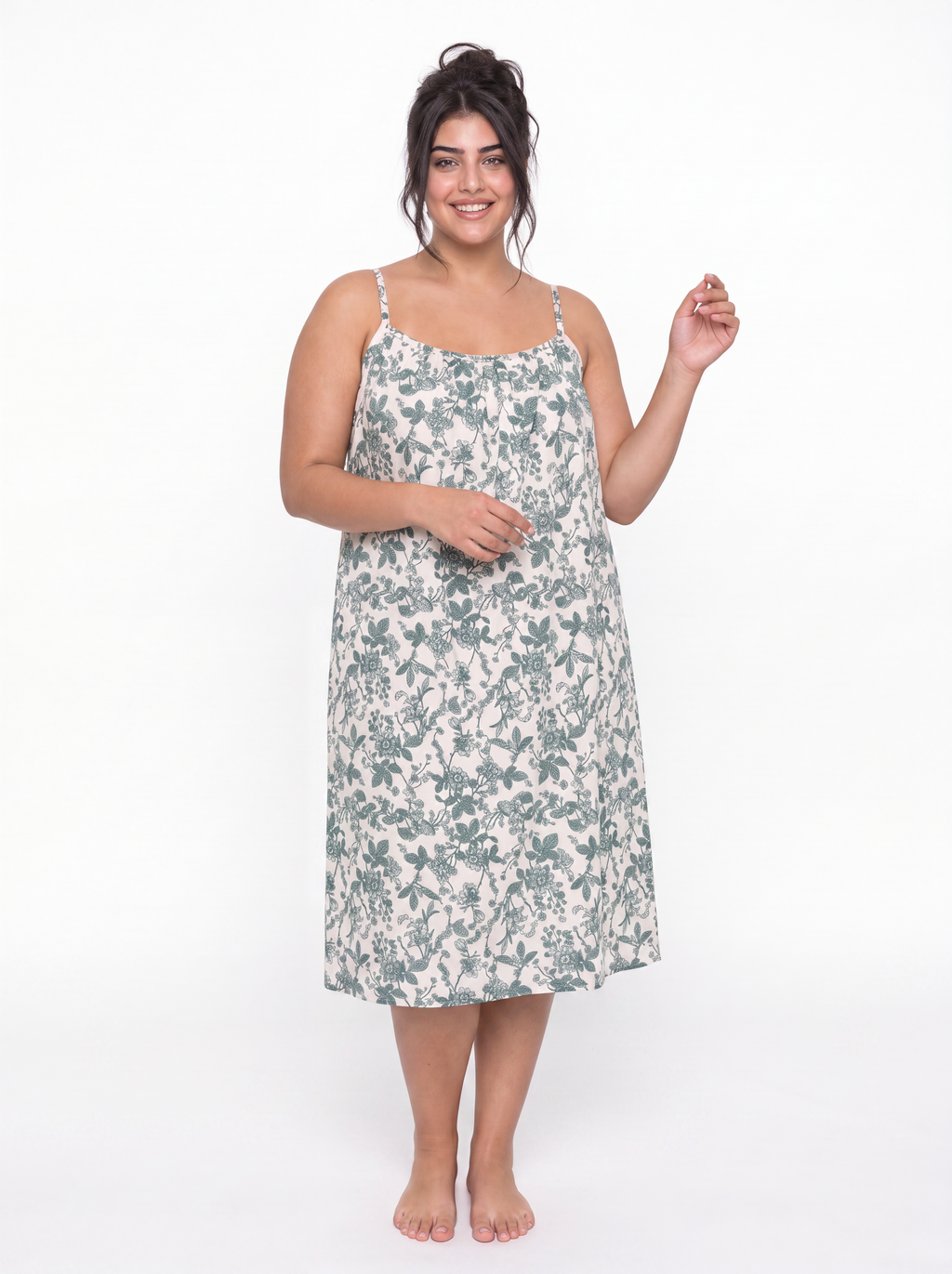 Cotton Strap Nightgown - Green/ Beige