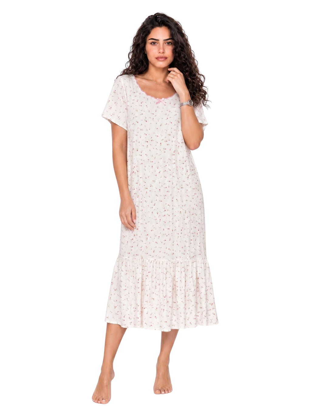 Cotton Nightgown  - White/Pink