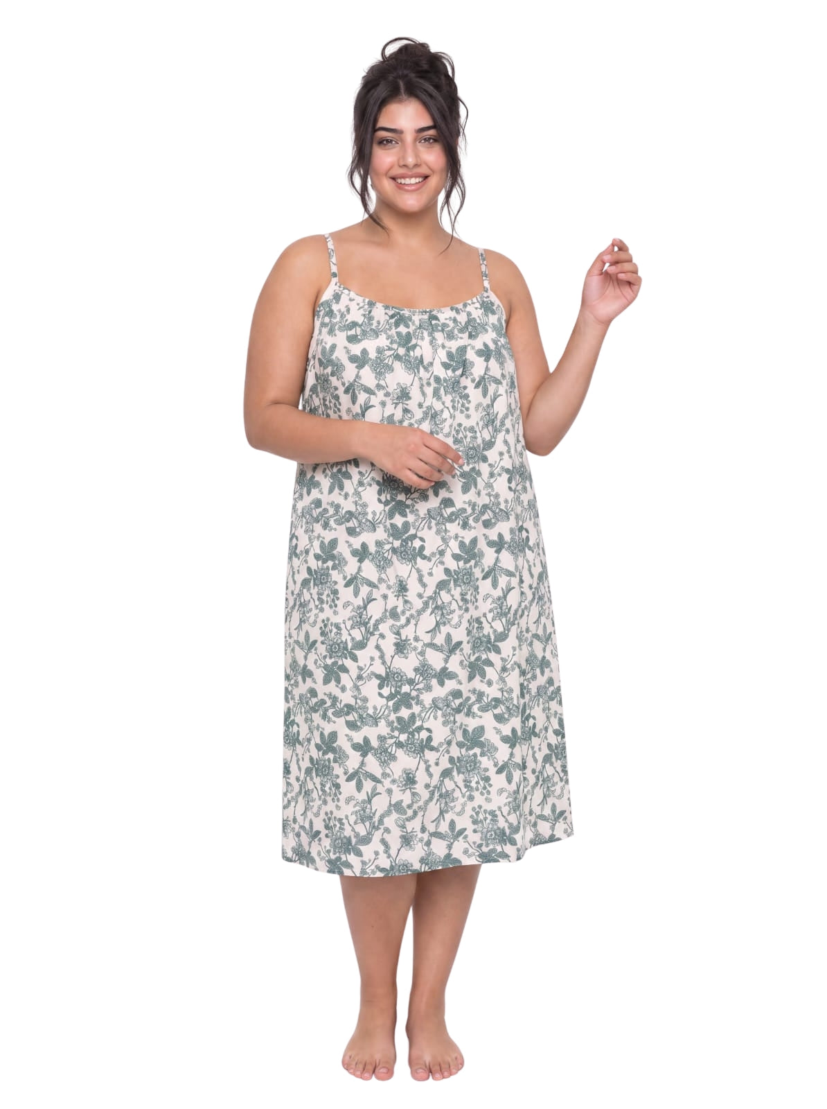 Cotton Strap Nightgown - Green/ Beige Secondary image