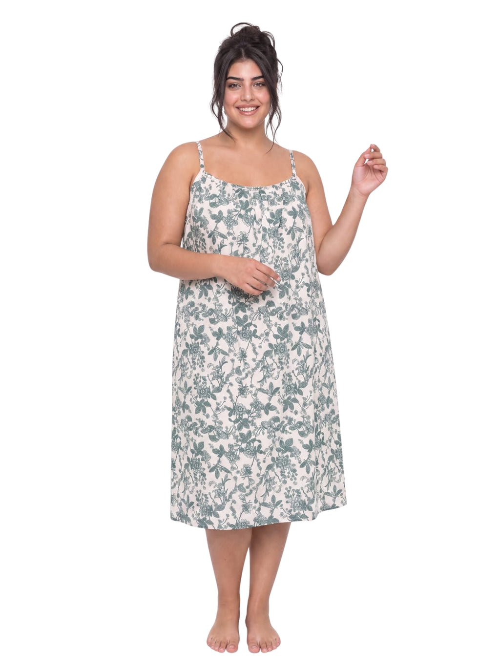 Cotton Strap Nightgown - Green/ Beige